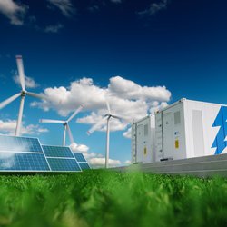 Concept van energieopslagsysteem. Hernieuwbare energie - fotovoltaïsche, windturbines en Li-ion batterijcontainer in frisse natuur. 3d rendering. door petrmalinak (bron: Shutterstock)