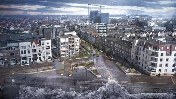 Een impressie van de Coosje Buskenstraat bij extreem hoogwater door Gemeente Vlissingen (bron: Gemeente Vlissingen)