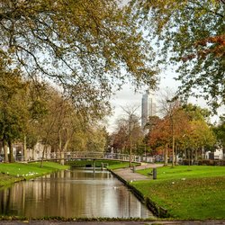 Rotterdam, The Netherlands, November 5, 2022: view along Lepelaarsingel canal in Charlois neighbourhood with the downtown highrise in the distance door Frans Blok (bron: shutterstock)