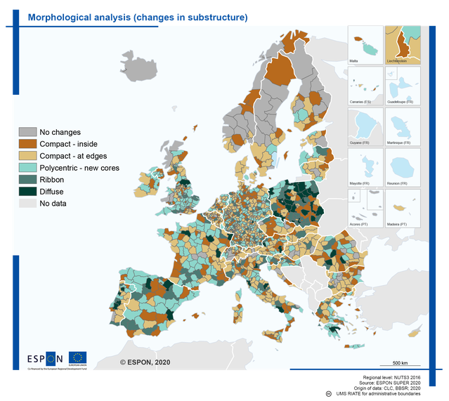 Figuur 3, de drie verstedelijkingsvormen verspreid over de EU-lidstaten door David Evers, Ivana Katurić, Ries van der Wouden (bron: Urbanization in Europe)