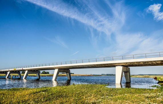 Kampen, The Netherlands, July 29, 2019: new concrete bridge across the Reevediep flood channel of the IJssel river under a blue sky on a summer morning door Frans Blok (bron: shutterstock)