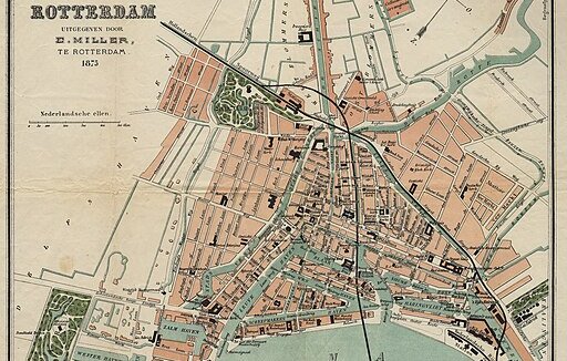 Plattegrond van Rotterdam in 1875 door M. Ghys (bron: Wikimedia Commons)