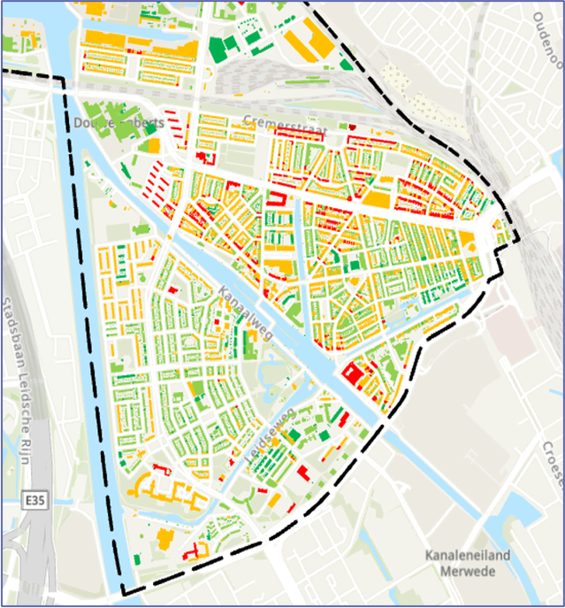 Het hitterisico per gebouw in Utrecht West. Rood betekent een hoog risico, groen een laag risico. door TAUW (bron: TAUW)