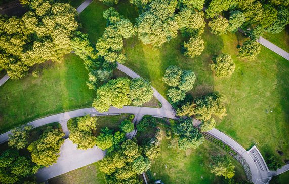 Bovenaanzicht luchtfoto van vliegende drone van een stadspark met wandelpad en groene zonebomen in de avondtijd door Aleksandrs Muiznieks (bron: Shutterstock)