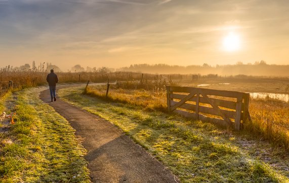 Wandelroute in mistig landpolderlandschap met voetgangers in verte nabij Groningen, Nederland door Rudmer Zwerver (bron: Shutterstock)